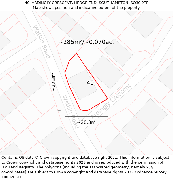 40, ARDINGLY CRESCENT, HEDGE END, SOUTHAMPTON, SO30 2TF: Plot and title map