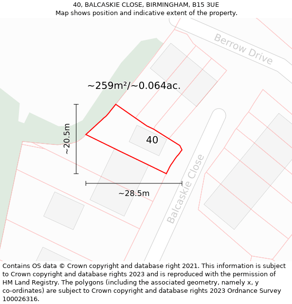 40, BALCASKIE CLOSE, BIRMINGHAM, B15 3UE: Plot and title map