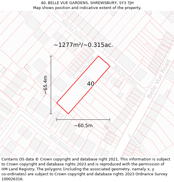 40, BELLE VUE GARDENS, SHREWSBURY, SY3 7JH: Plot and title map