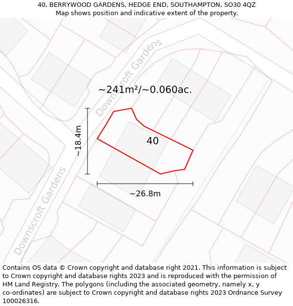 40, BERRYWOOD GARDENS, HEDGE END, SOUTHAMPTON, SO30 4QZ: Plot and title map