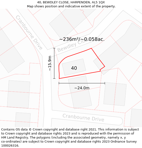 40, BEWDLEY CLOSE, HARPENDEN, AL5 1QX: Plot and title map