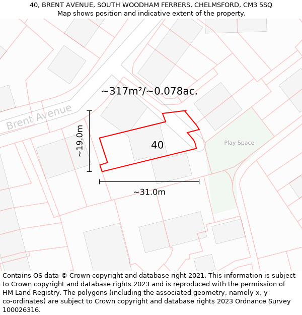 40, BRENT AVENUE, SOUTH WOODHAM FERRERS, CHELMSFORD, CM3 5SQ: Plot and title map