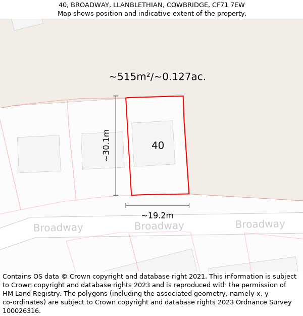 40, BROADWAY, LLANBLETHIAN, COWBRIDGE, CF71 7EW: Plot and title map