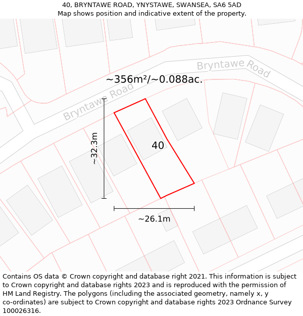 40, BRYNTAWE ROAD, YNYSTAWE, SWANSEA, SA6 5AD: Plot and title map