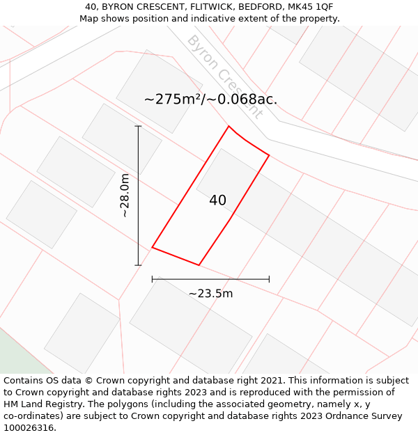 40, BYRON CRESCENT, FLITWICK, BEDFORD, MK45 1QF: Plot and title map