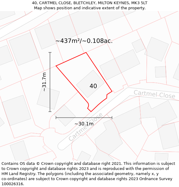 40, CARTMEL CLOSE, BLETCHLEY, MILTON KEYNES, MK3 5LT: Plot and title map