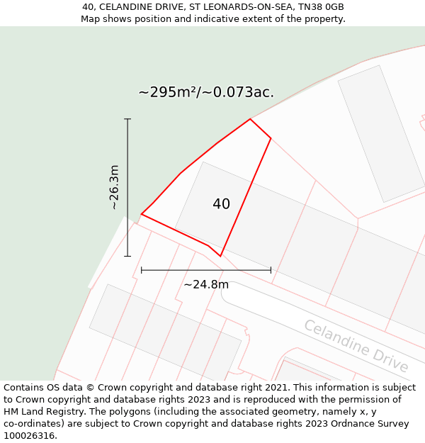 40, CELANDINE DRIVE, ST LEONARDS-ON-SEA, TN38 0GB: Plot and title map