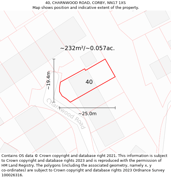 40, CHARNWOOD ROAD, CORBY, NN17 1XS: Plot and title map