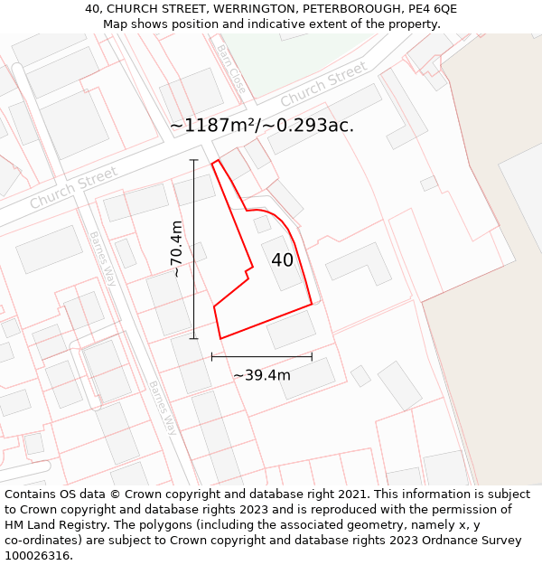 40, CHURCH STREET, WERRINGTON, PETERBOROUGH, PE4 6QE: Plot and title map