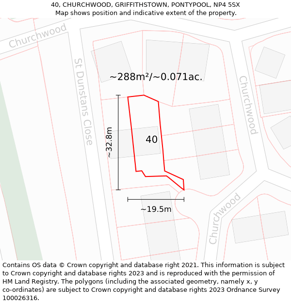 40, CHURCHWOOD, GRIFFITHSTOWN, PONTYPOOL, NP4 5SX: Plot and title map