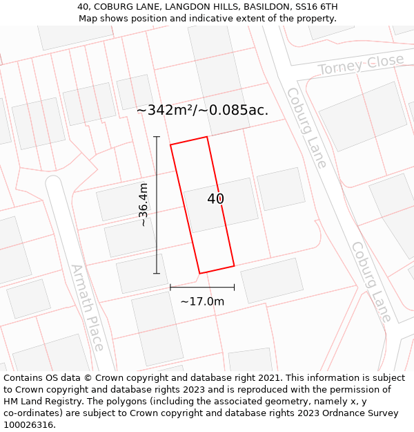 40, COBURG LANE, LANGDON HILLS, BASILDON, SS16 6TH: Plot and title map