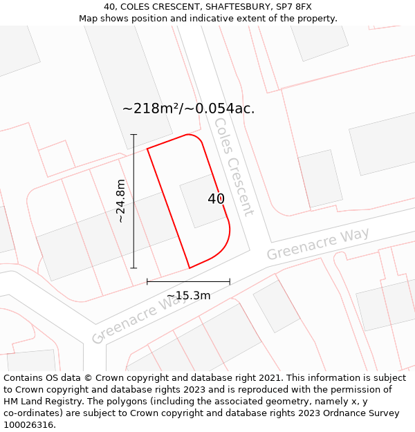 40, COLES CRESCENT, SHAFTESBURY, SP7 8FX: Plot and title map