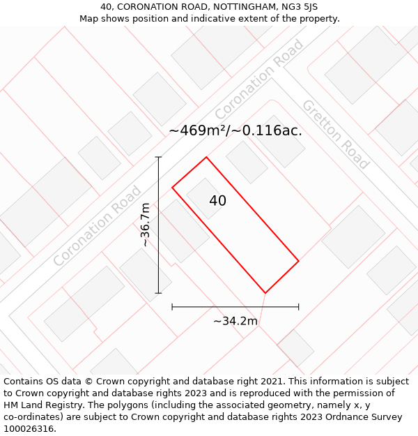 40, CORONATION ROAD, NOTTINGHAM, NG3 5JS: Plot and title map