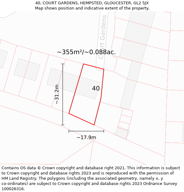 40, COURT GARDENS, HEMPSTED, GLOUCESTER, GL2 5JX: Plot and title map