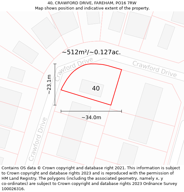 40, CRAWFORD DRIVE, FAREHAM, PO16 7RW: Plot and title map