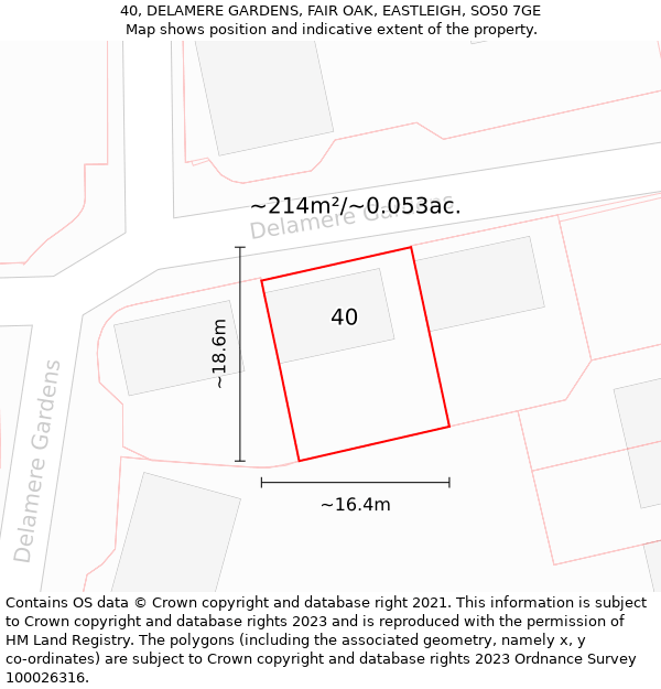 40, DELAMERE GARDENS, FAIR OAK, EASTLEIGH, SO50 7GE: Plot and title map