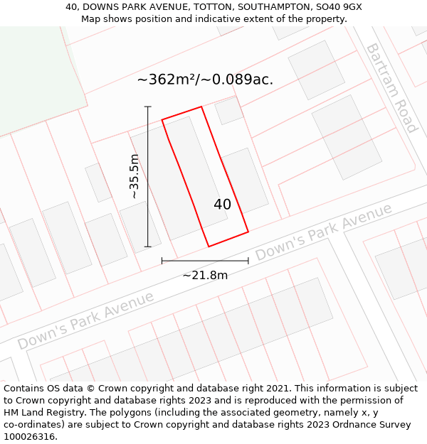 40, DOWNS PARK AVENUE, TOTTON, SOUTHAMPTON, SO40 9GX: Plot and title map