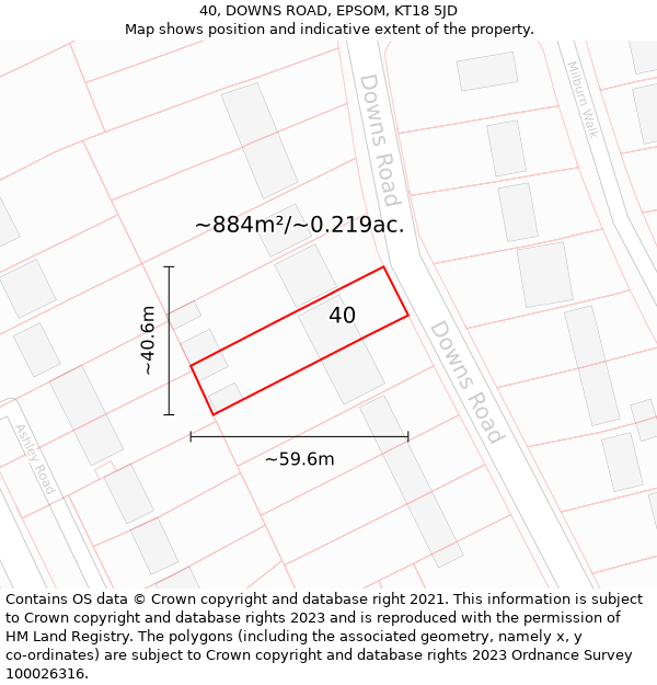 40, DOWNS ROAD, EPSOM, KT18 5JD: Plot and title map