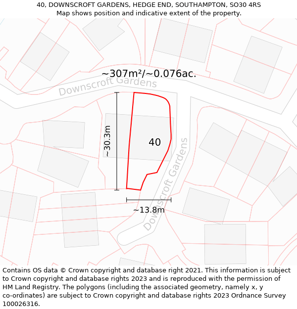 40, DOWNSCROFT GARDENS, HEDGE END, SOUTHAMPTON, SO30 4RS: Plot and title map