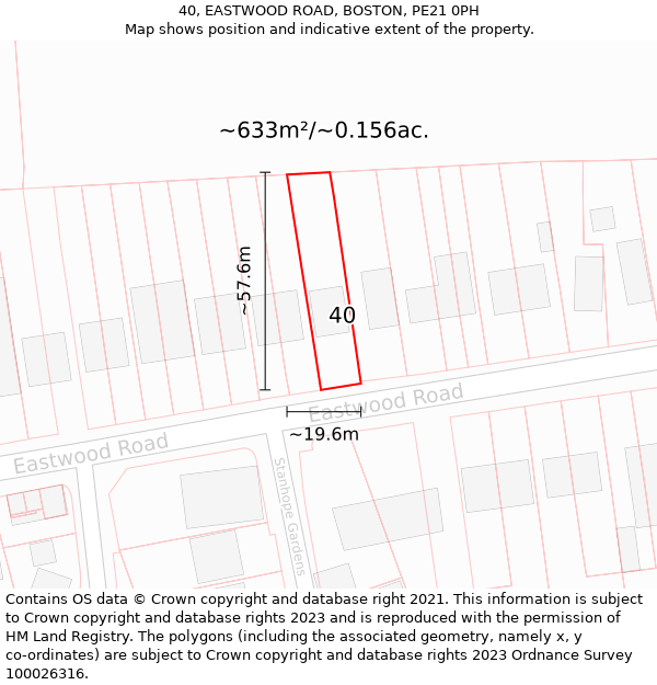 40, EASTWOOD ROAD, BOSTON, PE21 0PH: Plot and title map