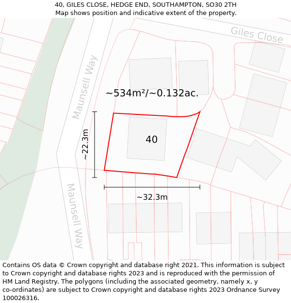 40, GILES CLOSE, HEDGE END, SOUTHAMPTON, SO30 2TH: Plot and title map