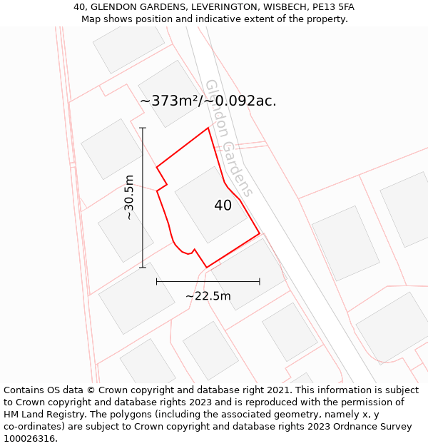 40, GLENDON GARDENS, LEVERINGTON, WISBECH, PE13 5FA: Plot and title map