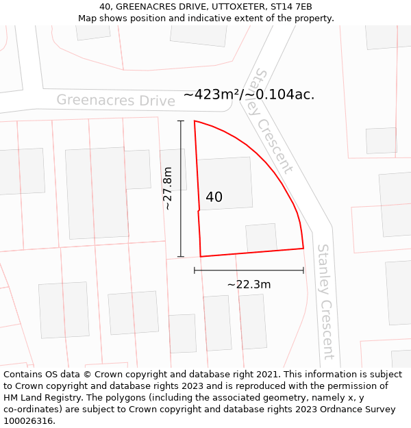 40, GREENACRES DRIVE, UTTOXETER, ST14 7EB: Plot and title map