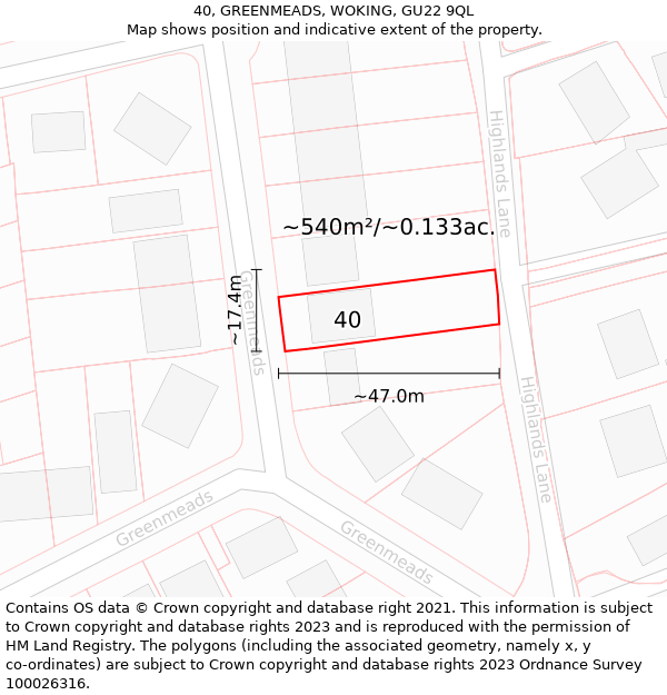 40, GREENMEADS, WOKING, GU22 9QL: Plot and title map