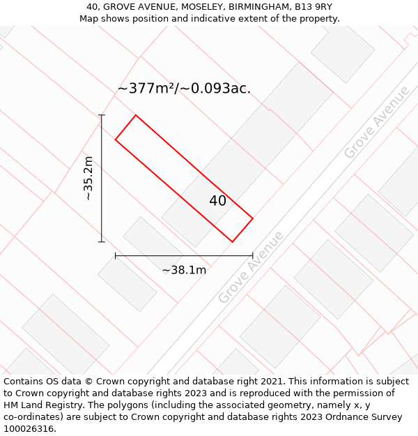 40, GROVE AVENUE, MOSELEY, BIRMINGHAM, B13 9RY: Plot and title map