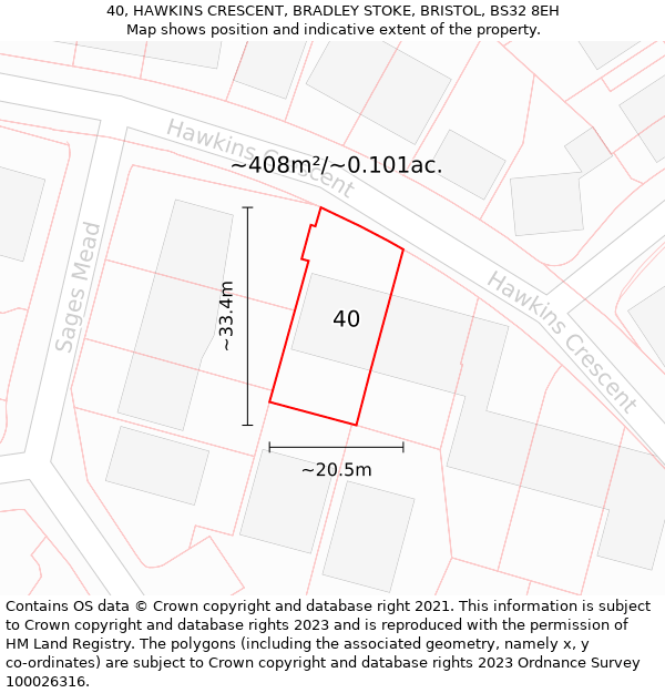 40, HAWKINS CRESCENT, BRADLEY STOKE, BRISTOL, BS32 8EH: Plot and title map