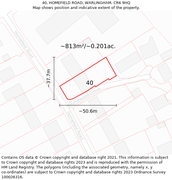 40, HOMEFIELD ROAD, WARLINGHAM, CR6 9HQ: Plot and title map