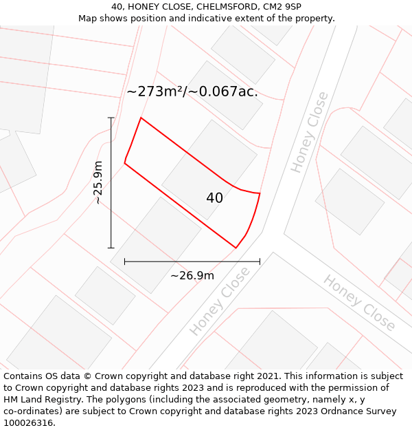 40, HONEY CLOSE, CHELMSFORD, CM2 9SP: Plot and title map