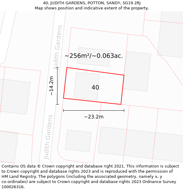 40, JUDITH GARDENS, POTTON, SANDY, SG19 2RJ: Plot and title map