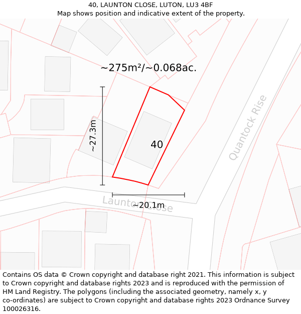 40, LAUNTON CLOSE, LUTON, LU3 4BF: Plot and title map