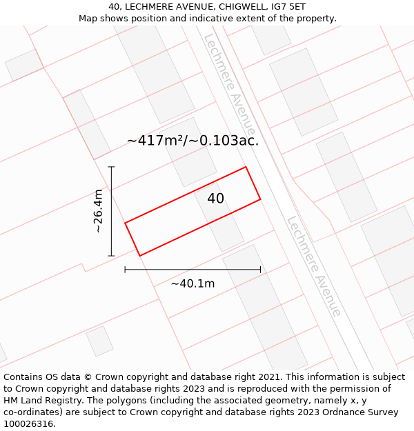 40, LECHMERE AVENUE, CHIGWELL, IG7 5ET: Plot and title map