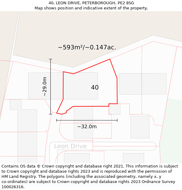 40, LEON DRIVE, PETERBOROUGH, PE2 8SG: Plot and title map