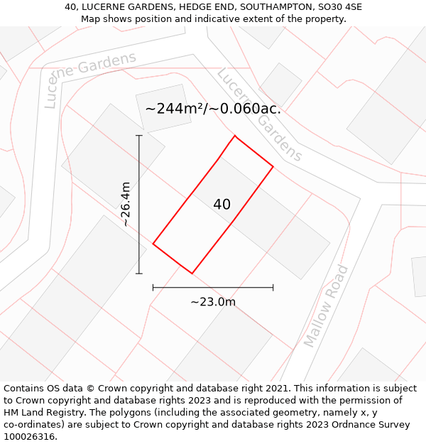 40, LUCERNE GARDENS, HEDGE END, SOUTHAMPTON, SO30 4SE: Plot and title map