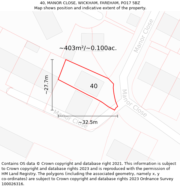 40, MANOR CLOSE, WICKHAM, FAREHAM, PO17 5BZ: Plot and title map