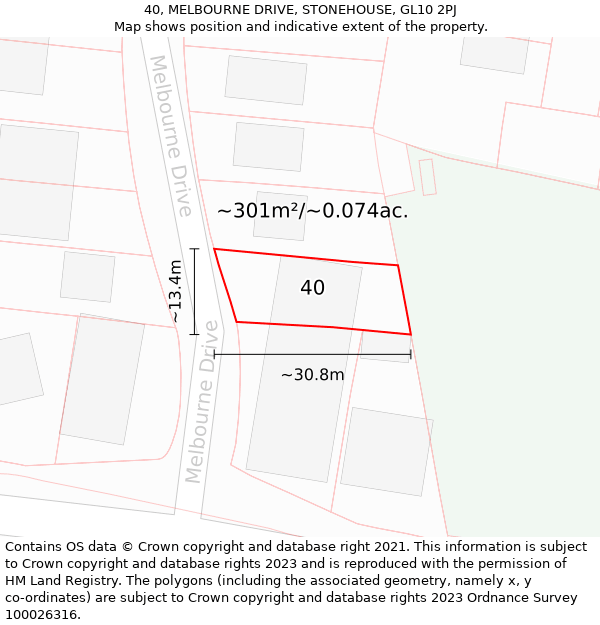 40, MELBOURNE DRIVE, STONEHOUSE, GL10 2PJ: Plot and title map