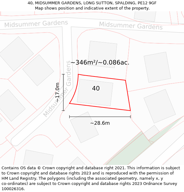 40, MIDSUMMER GARDENS, LONG SUTTON, SPALDING, PE12 9GF: Plot and title map