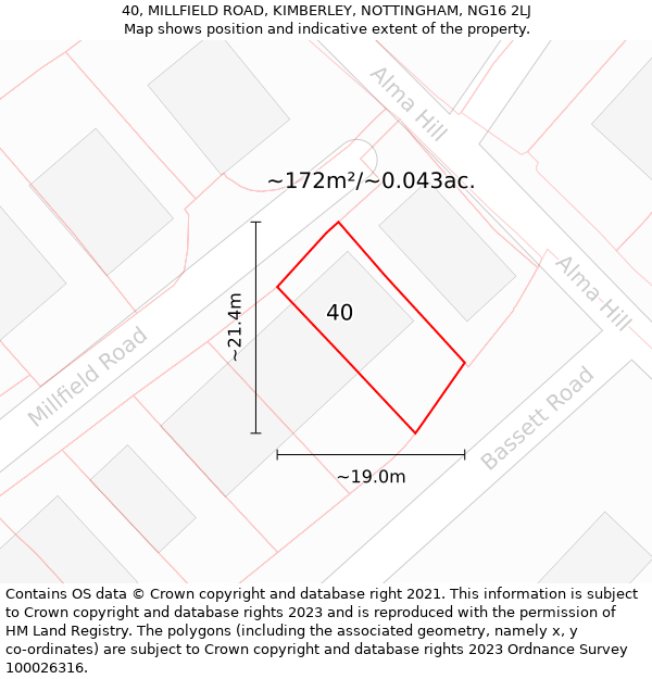 40, MILLFIELD ROAD, KIMBERLEY, NOTTINGHAM, NG16 2LJ: Plot and title map