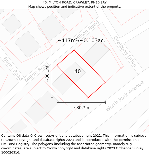 40, MILTON ROAD, CRAWLEY, RH10 3AY: Plot and title map