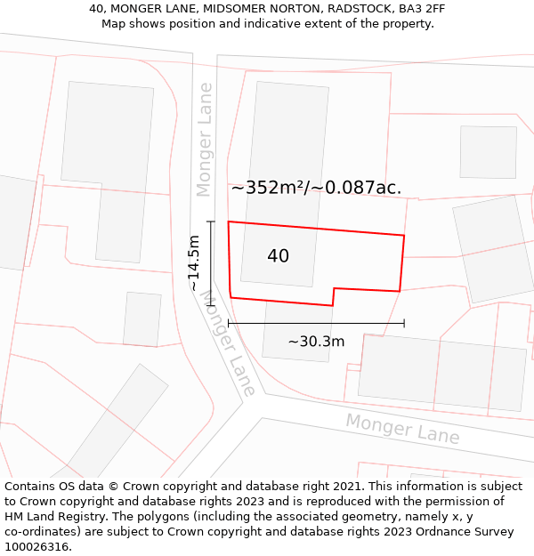 40, MONGER LANE, MIDSOMER NORTON, RADSTOCK, BA3 2FF: Plot and title map