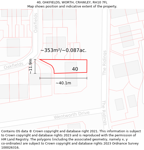 40, OAKFIELDS, WORTH, CRAWLEY, RH10 7FL: Plot and title map