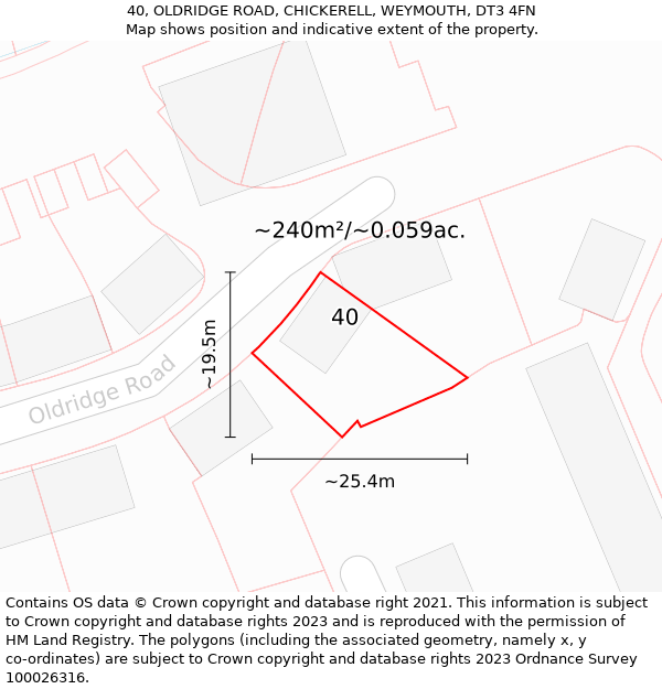 40, OLDRIDGE ROAD, CHICKERELL, WEYMOUTH, DT3 4FN: Plot and title map