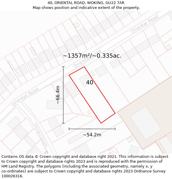 40, ORIENTAL ROAD, WOKING, GU22 7AR: Plot and title map