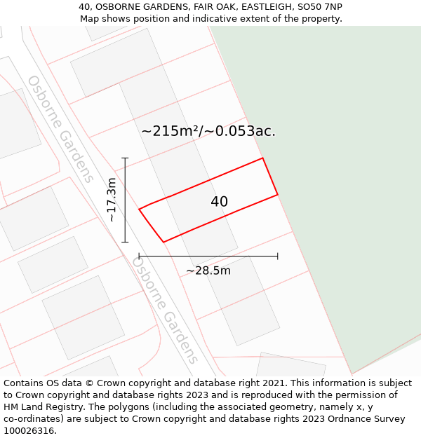 40, OSBORNE GARDENS, FAIR OAK, EASTLEIGH, SO50 7NP: Plot and title map