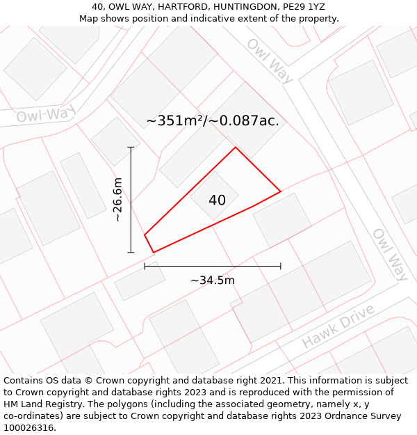 40, OWL WAY, HARTFORD, HUNTINGDON, PE29 1YZ: Plot and title map