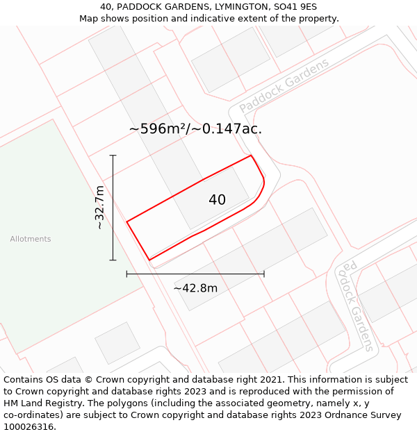 40, PADDOCK GARDENS, LYMINGTON, SO41 9ES: Plot and title map