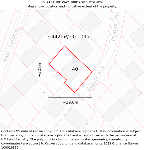 40, PASTURE WAY, BRIDPORT, DT6 4DW: Plot and title map